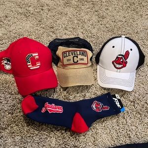3 Cleveland Indian Hats & 1 Pair of Socks